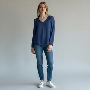 Monteau small navy blue long sleeve top V-neckline intricate cutout flowy fit